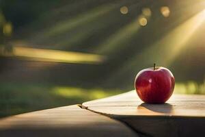an apple sits on a wooden table in the sun. AI-Generated photo