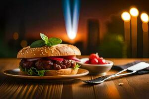 a hamburger with a bun and pickles on a wooden table. AI-Generated photo