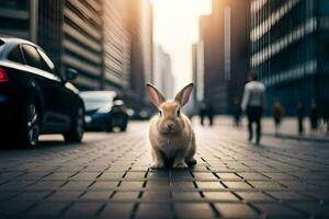 a rabbit is standing on the street in front of a car. AI-Generated photo