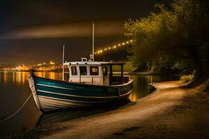 a boat sits on the shore at night. AI-Generated photo