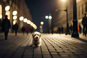 a dog is sitting on the ground in a city at night. AI-Generated photo