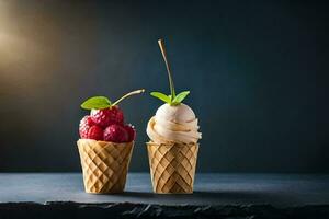 two ice cream cones with raspberries on top. AI-Generated photo