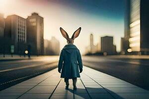 a rabbit in a coat stands on a street with a city in the background. AI-Generated photo