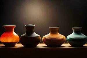 five different colored vases are lined up on a table. AI-Generated photo