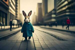 a rabbit wearing a coat and standing on a street. AI-Generated photo