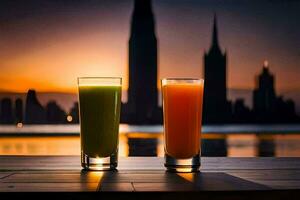two glasses of juice are sitting on a table in front of a city skyline. AI-Generated photo