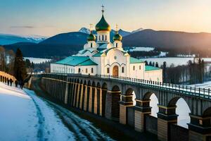 the russian orthodox church in the mountains. AI-Generated photo