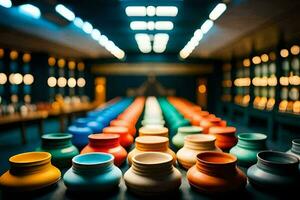 colorful vases in a room with lights. AI-Generated photo