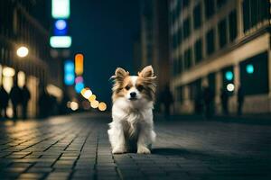 a dog standing on a street at night. AI-Generated photo