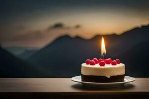 a single candle on a cake with mountains in the background. AI-Generated photo