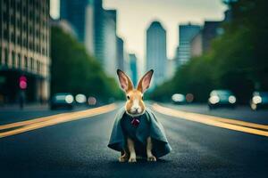 un Conejo vestido en un traje y Corbata en pie en el calle. generado por ai foto