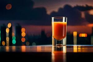 a glass of orange juice on a table in front of a city skyline. AI-Generated photo