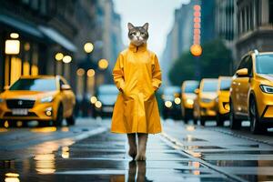 a cat in a raincoat walking down a city street. AI-Generated photo
