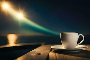 un taza de café en un de madera mesa con el Dom brillante en el antecedentes. generado por ai foto
