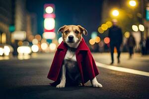 a dog wearing a red cape on the street at night. AI-Generated photo