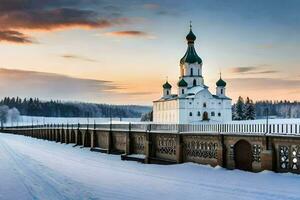 a church in the snow at sunset. AI-Generated photo