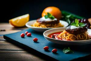 spaghetti with meatballs and tomato sauce on a wooden table. AI-Generated photo