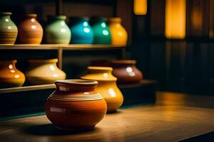 a row of colorful vases on a shelf in a room. AI-Generated photo