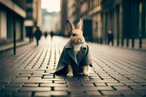 a rabbit wearing a coat and sitting on the street. AI-Generated photo