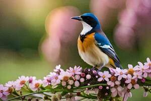 un azul y blanco pájaro es sentado en un flor. generado por ai foto