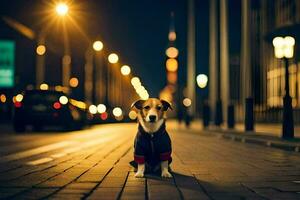 un perro sentado en el acera a noche. generado por ai foto