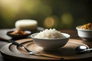 a bowl of rice and a spoon on a wooden table. AI-Generated photo