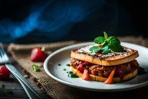 un emparedado con carne y vegetales en un lámina. generado por ai foto