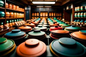 colorful pots and bowls in a store. AI-Generated photo