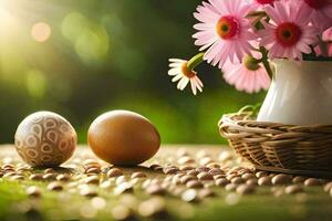 easter eggs and flowers in a basket. AI-Generated photo