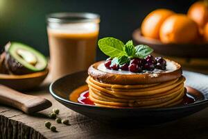 pancakes with fruit and orange juice on a plate. AI-Generated photo