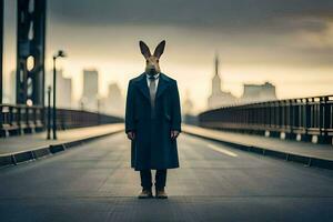 a rabbit wearing a coat and tie standing on a bridge. AI-Generated photo