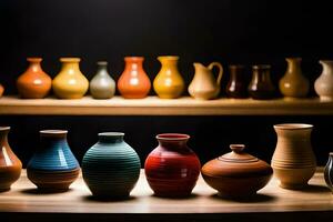 a row of colorful vases on a shelf. AI-Generated photo