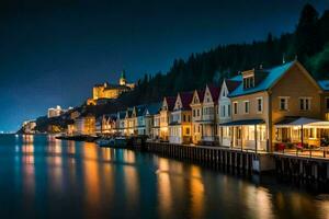 el pueblo de Bergen, Noruega a noche. generado por ai foto