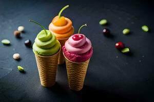 three ice cream cones with different colors. AI-Generated photo