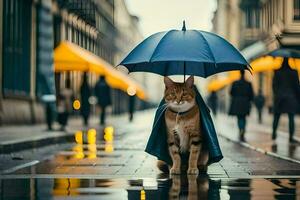 a cat in a raincoat standing on a street. AI-Generated photo