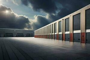 a large warehouse with a sky filled with dark clouds. AI-Generated photo