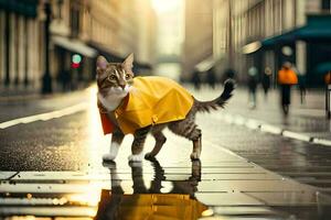 a cat in a raincoat walking on a city street. AI-Generated photo