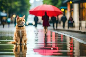 a cat sitting on the ground with an umbrella. AI-Generated photo