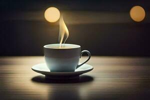 a cup of coffee on a table with a light. AI-Generated photo