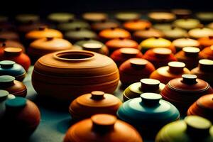 a large group of colorful pottery vases. AI-Generated photo