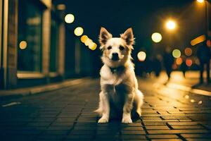 un perro sentado en el calle a noche. generado por ai foto