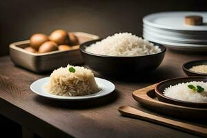 a table with bowls of rice, bowls of eggs and a bowl of rice. AI-Generated photo