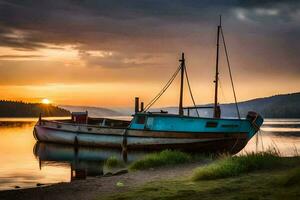 a boat sits on the shore at sunset. AI-Generated photo