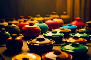 a collection of colorful ceramic vases. AI-Generated photo