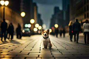 a dog is standing on a street at night. AI-Generated photo