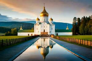 el Iglesia de el santo cruzar en el ruso campo. generado por ai foto