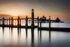 the pier at sunset with a long exposure. AI-Generated photo