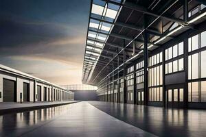 an empty warehouse with large windows and a sun setting. AI-Generated photo