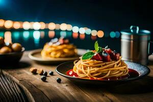 spaghetti with tomato sauce and basil on a wooden table. AI-Generated photo