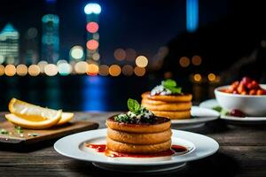a plate of pancakes with a view of the city. AI-Generated photo
